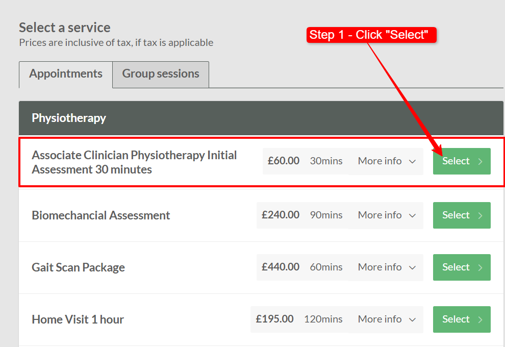 Step 1 - Select the correct appointment